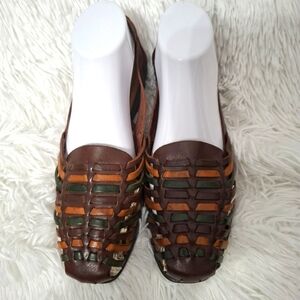 Basic Editions Brown and Green Sandals with Woven Design